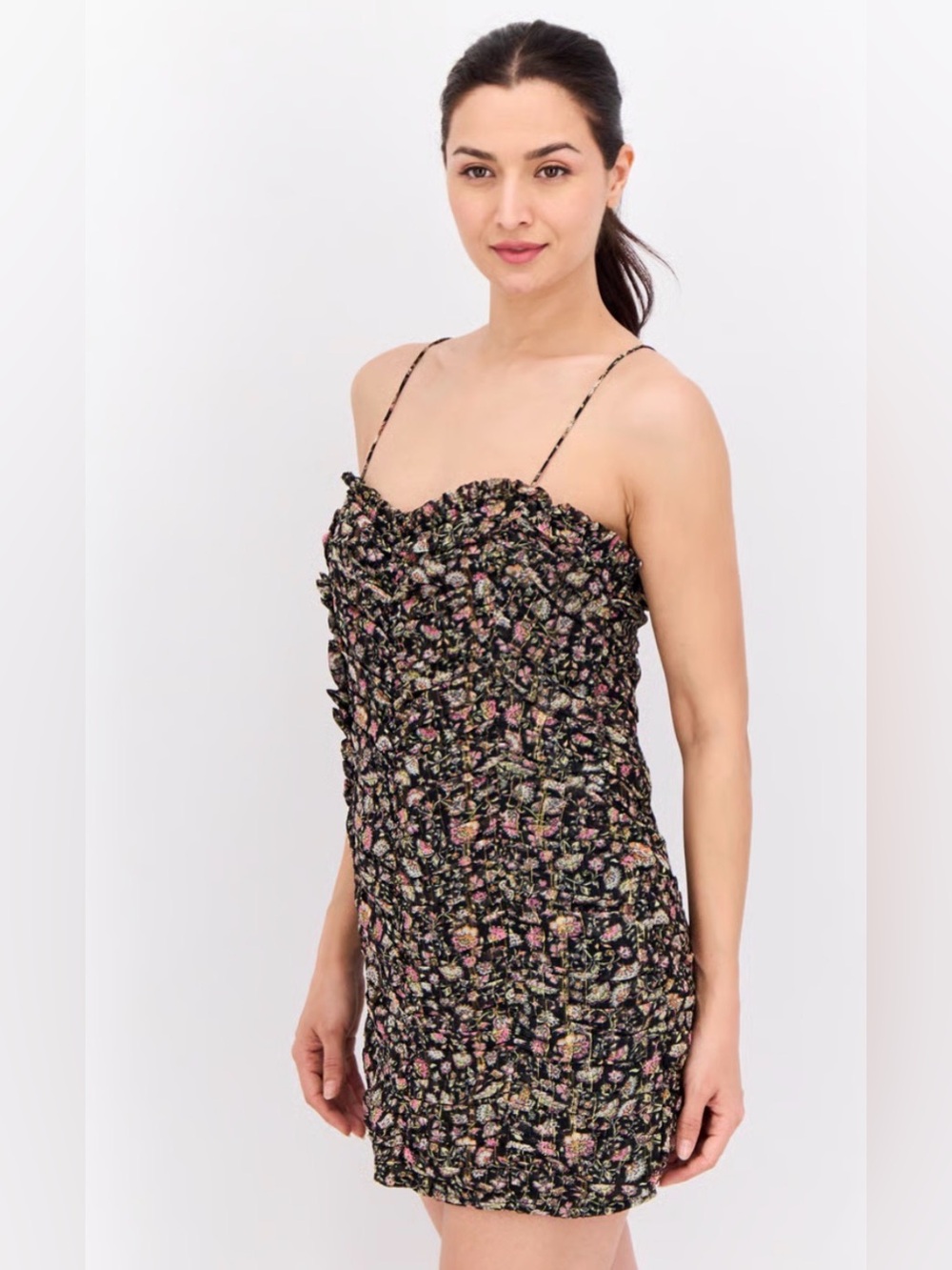 Mango MNG Floral Ruched Mini Dress Womens Large Black Pink NWT